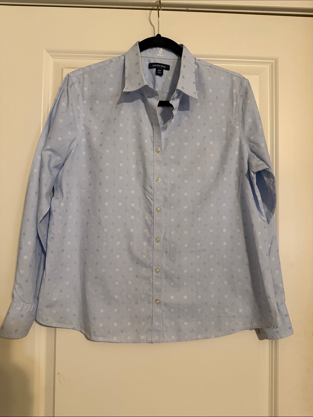 100% Cotton Lands' End Blue Polka Dot Women’s Button-Up Shirt Sz 12P